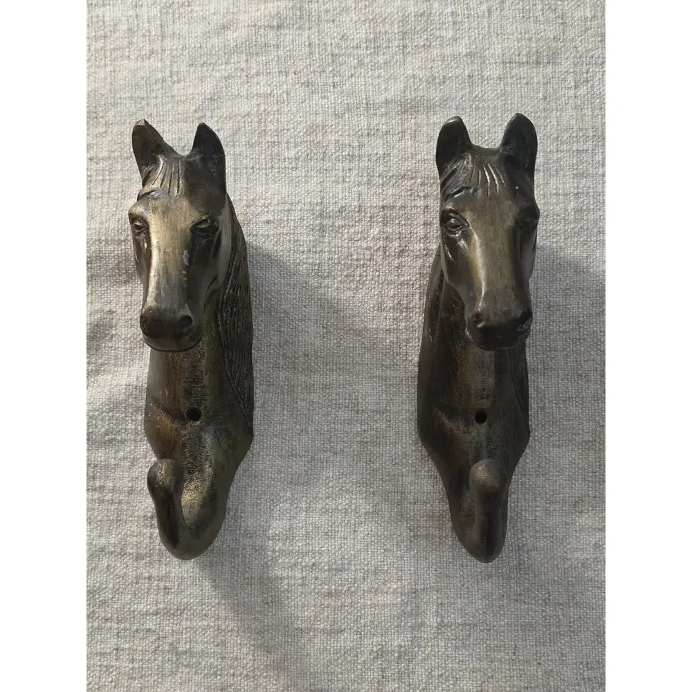 Vintage Indian Cast Iron Painted Brass Horse Head Wall Hooks Equestrian Rustic